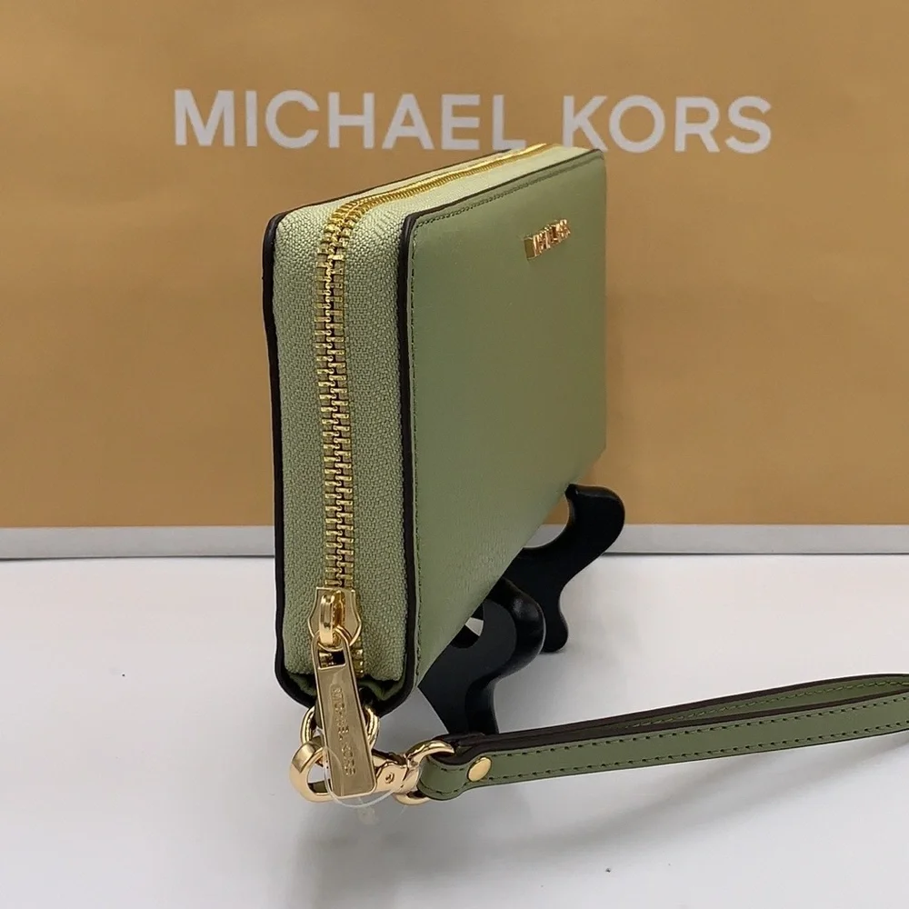 MICHAEL KORS Leather Continental Wristlet Phone Case Wallet Light Sage NWT